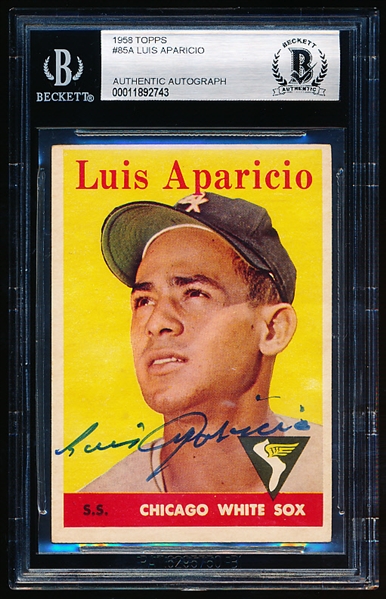 Autographed 1958 Topps Baseball- #85 Luis Aparicio, White Sox- Beckett Certified & Encapsulated