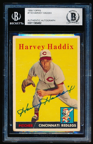 Autographed 1958 Topps Baseball- #118 Harvey Haddix, Reds- Beckett Certified & Encapsulated