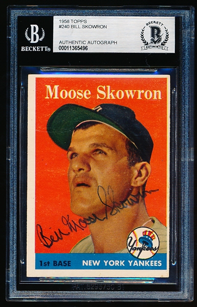 Autographed 1958 Topps Baseball- #240 Bill Skowron, Yankees- Signed “Bill Moose Skowron”- Beckett Certified & Encapsulated