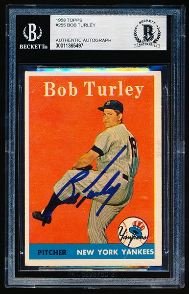 Autographed 1958 Topps Baseball- #255 Bob Turley, Yankees- Beckett Certified & Encapsulated