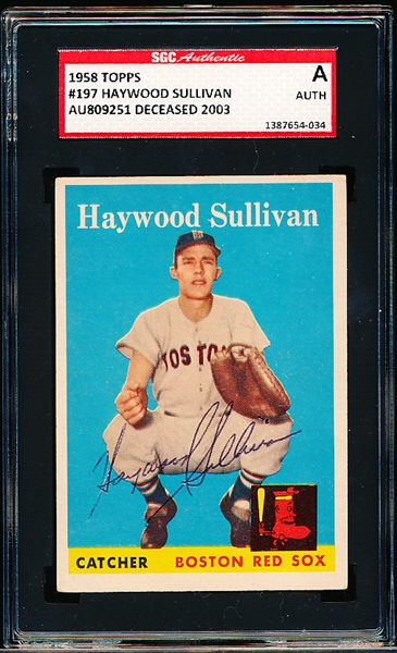 Autographed 1958 Topps Baseball- #197 Haywood Sullivan, Boston Red Sox- SGC Certified & Encapsulated