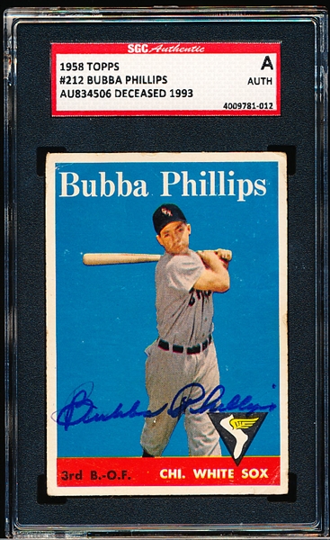 Autographed 1958 Topps Baseball- #212 Bubba Phillips, White Sox- SGC Certified & Encapsulated