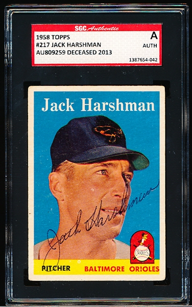 Autographed 1958 Topps Baseball- #217 Jack Harshman, Baltimore- SGC Certified & Encapsulated