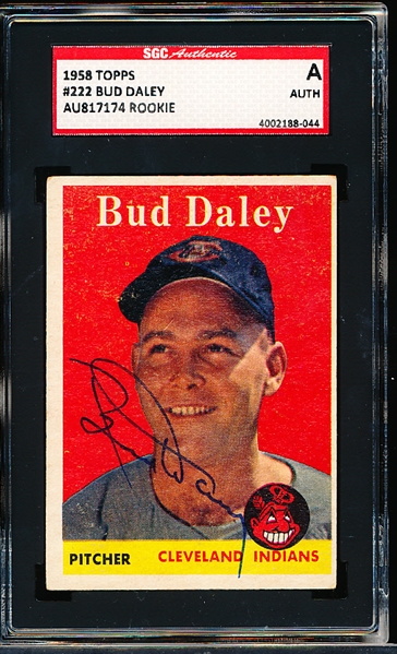 Autographed 1958 Topps Baseball- #222 Bud Daley, Cleveland (Rookie!)- SGC Certified & Encapsulated