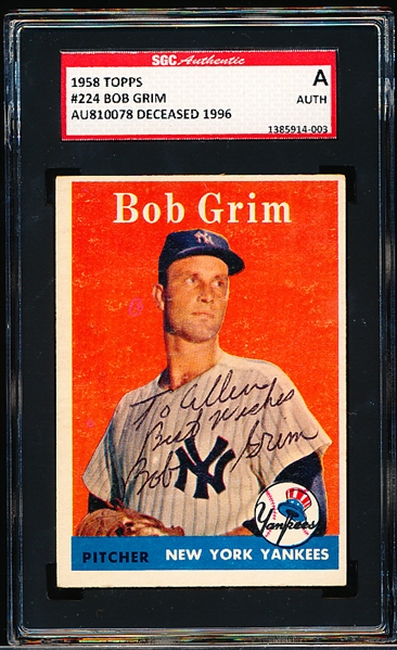 Autographed 1958 Topps Baseball- #224 Bob Grim, Yankees- SGC Certified & Encapsulated