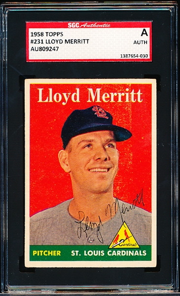 Autographed 1958 Topps Baseball- #231 Lloyd Merritt, Cardinals- SGC Certified & Encapsulated