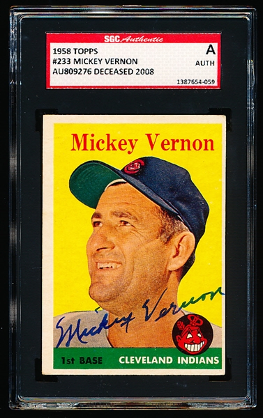 Autographed 1958 Topps Baseball- #233 Mickey Vernon, Cleveland- SGC Certified & Encapsulated