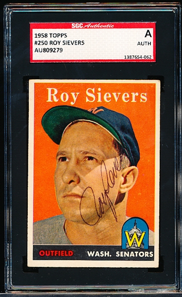 Autographed 1958 Topps Baseball- #250 Roy Sievers, Washington- SGC Certified & Encapsulated