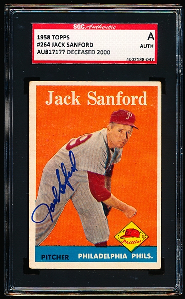 Autographed 1958 Topps Baseball- #264 Jack Sanford, Phillies- SGC Certified & Encapsulated