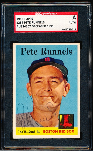 Autographed 1958 Topps Baseball- #265 Pete Runnels, Red Sox- SGC Certified & Encapsulated