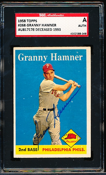 Autographed 1958 Topps Baseball- #268 Granny Hamner, Phillies- SGC Certified & Encapsulated