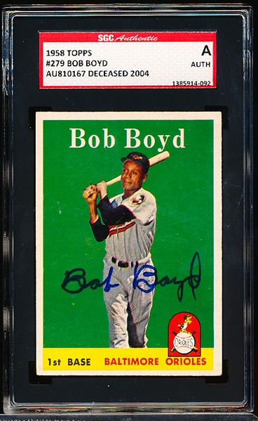 Autographed 1958 Topps Baseball- #279 Bob Boyd, Baltimore- SGC Certified & Encapsulated