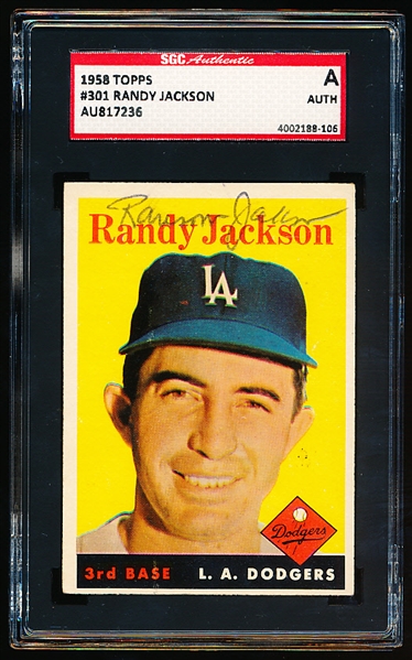 Autographed 1958 Topps Baseball- #301 Randy Jackson, Dodgers- SGC Certified & Encapsulated