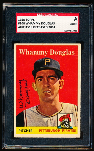 Autographed 1958 Topps Baseball- #306 Whammy Douglas, Pirates- SGC Certified & Encapsulated