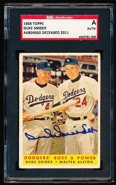 Autographed 1958 Topps Baseball- #314 Duke Snider/Walter Alston- Signed by Duke Snider! SGC Certified & Encapsulated