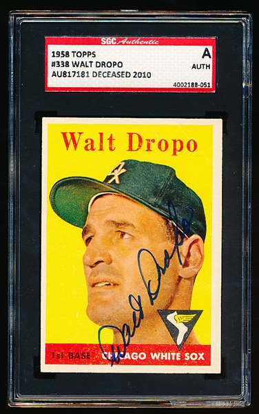 Autographed 1958 Topps Baseball- #338 Walt Dropo, White Sox- SGC Certified & Encapsulated