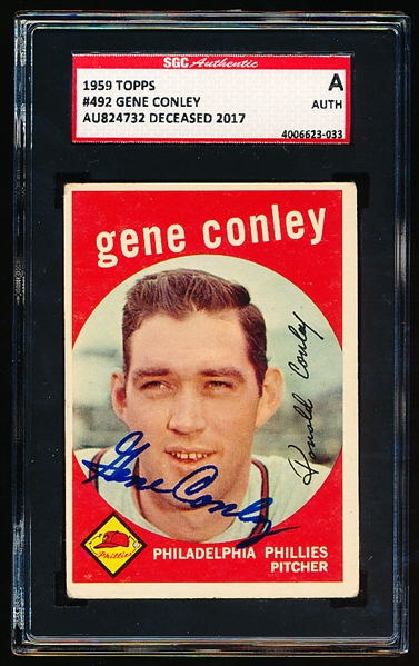 Autographed 1959 Topps Baseball- #492 Gene Conley, Phillies- SGC Certified & Encapsulated