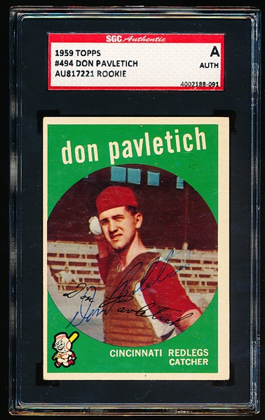 Autographed 1959 Topps Baseball- #494 Don Pavletich, Reds- SGC Certified & Encapsulated