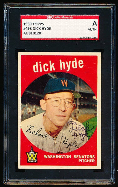 Autographed 1959 Topps Baseball- #498 Dick Hyde, Washington- SGC Certified & Encapsulated