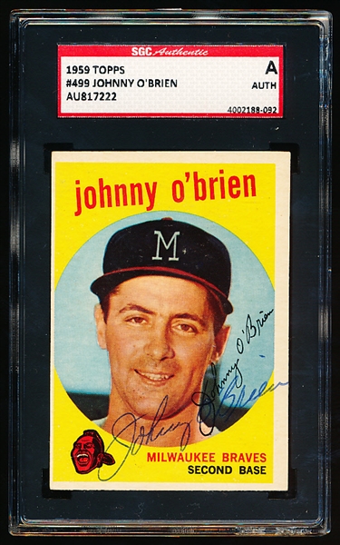 Autographed 1959 Topps Baseball- #499 Johnny O’Brien, Braves- SGC Certified & Encapsulated