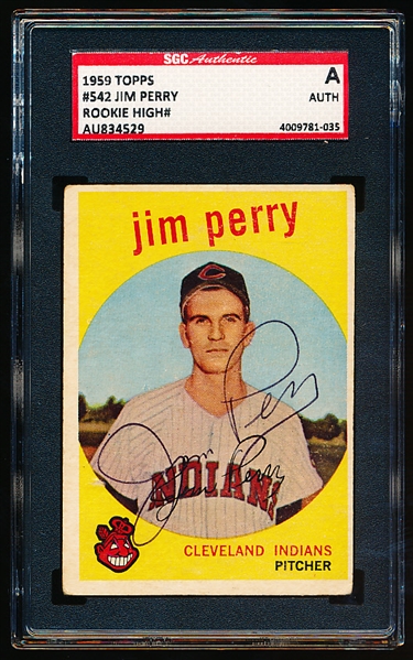 Autographed 1959 Topps Baseball- #542 Jim Perry, Cleveland RC- Hi# - SGC Certified & Encapsulated