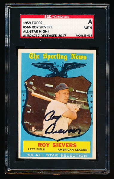 Autographed 1959 Topps Baseball- #566 Roy Sievers All Star- Hi# - SGC Certified & Encapsulated