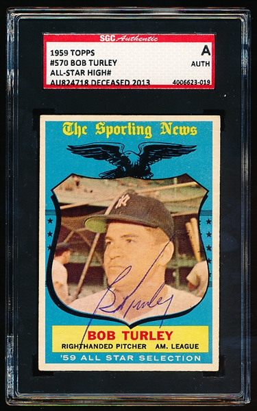 Autographed 1959 Topps Baseball- #570 Bob Turley AS- Hi# - SGC Certified & Encapsulated