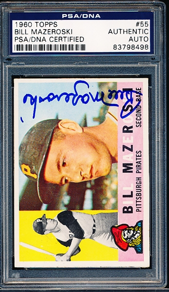 Autographed 1960 Topps Baseball- #55 Bill Mazeroski, Pirates- PSA/ DNA Certified & Encapsulated