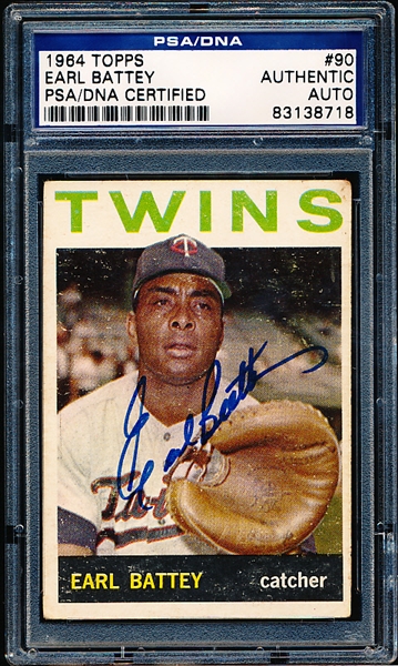 Autographed 1964 Topps Baseball- #90 Earl Battey, Twins- PSA/ DNA Certified & Encapsulated