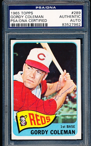 Autographed 1965 Topps Baseball- #289 Gordy Coleman, Reds- PSA/ DNA Certified & Encapsulated