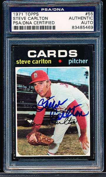 Autographed 1971 Topps Baseball- #55 Steve Carlton, Cards- PSA/ DNA Certified & Encapsulated