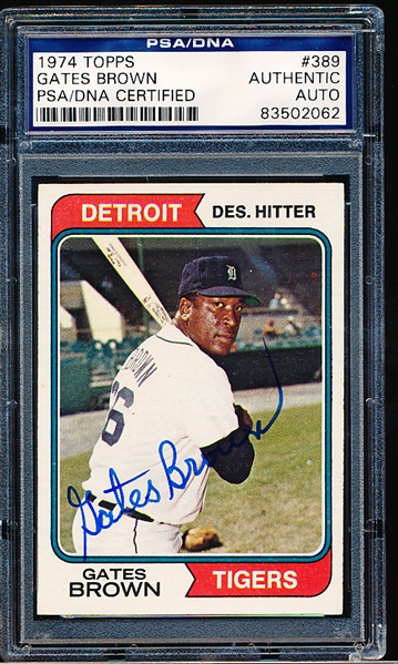 Autographed 1974 Topps Baseball- #389 Gates Brown, Tigers- PSA/ DNA Certified & Encapsulated