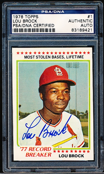 Autographed 1978 Topps Baseball- #1 Lou Brock Record Breaker- PSA/ DNA Certified & Encapsulated