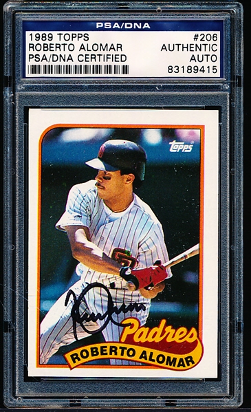 Autographed 1989 Topps Baseball- #206 Roberto Alomar, Padres - PSA/ DNA Certified & Encapsulated