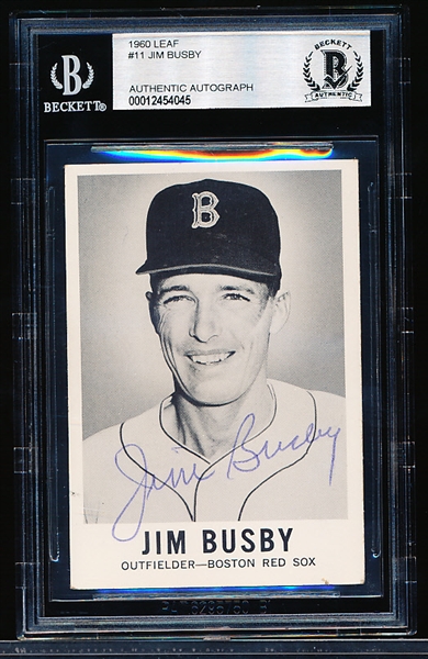 Autographed 1960 Leaf Baseball- #11 Jim Busby, Boston Red Sox- Beckett Certified & Encapsulated