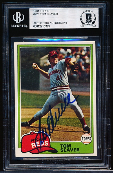 Autographed 1981 Topps Baseball- #220 Tom Seaver, Red Sox- Beckett Certified & Encapsulated