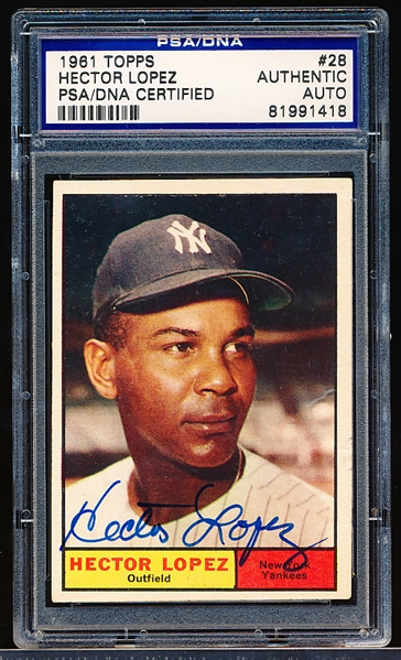 Autographed 1961 Topps Baseball- #28 Hector Lopez, Yankees- PSA/ DNA Certified & Encapsulated