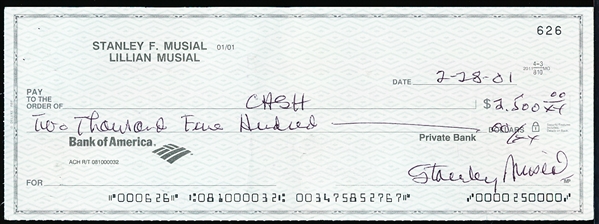 Autographed Stan Musial “Double Signed” Personal Check