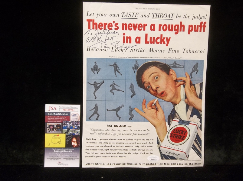 Autographed April 1, 1950 Actor/ Dancer Ray Bolger Non-Sports Color 9-7/8” x 13” Saturday Evening Post Magazine Lucky Strike Cigarette Ad- JSA Certified