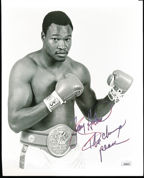 Autographed and inscribed Larry Holmes Boxing B/W 8” x 10” Photo- JSA Certified