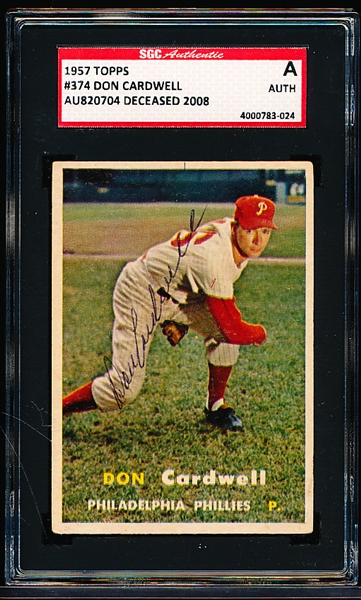 Autographed 1957 Topps Baseball- #374 Don Cardwell, Phillies- SGC Certified & Encapsulated