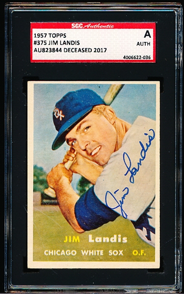 Autographed 1957 Topps Baseball- #375 Jim Landis, White Sox- SGC Certified & Encapsulated