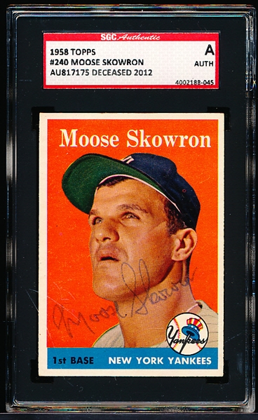 Autographed 1958 Topps Baseball- #240 Moose Skowron, Yankees- SGC Certified & Encapsulated