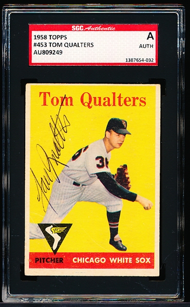 Autographed 1958 Topps Baseball- #453 Tom Qualters, White Sox- SGC Certified & Encapsulated