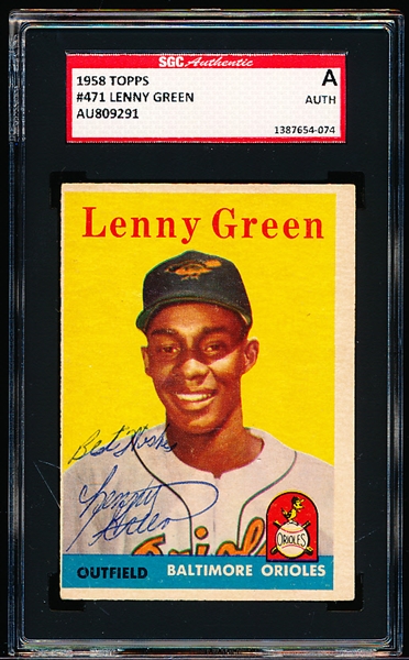 Autographed 1958 Topps Baseball- #471 Lenny Green, Baltimore- SGC Certified & Encapsulated