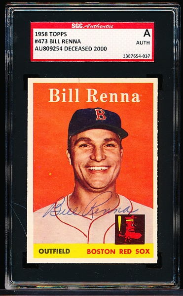 Autographed 1958 Topps Baseball- #473 Bill Renna, Boston Red Sox- SGC Certified & Encapsulated