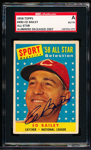 Autographed 1958 Topps Baseball- #490 Ed Bailey All Star (Cinc. Reds)- SGC Certified & Encapsulated