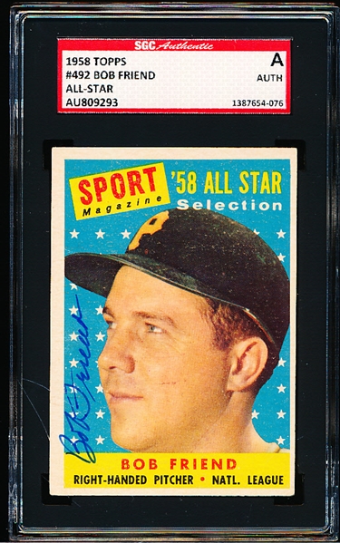 Autographed 1958 Topps Baseball- #492 Bob Friend All Star (Pirates)- SGC Certified & Encapsulated