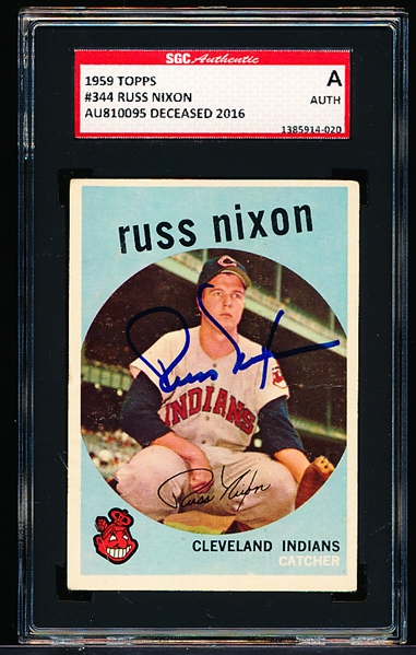 Autographed 1959 Topps Baseball- #344 Russ Nixon, Cleveland- SGC Certified & Encapsulated