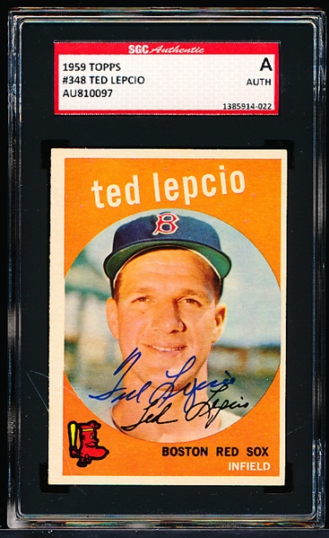 Autographed 1959 Topps Baseball- #348 Ted Lepcio, Boston Red Sox- SGC Certified & Encapsulated